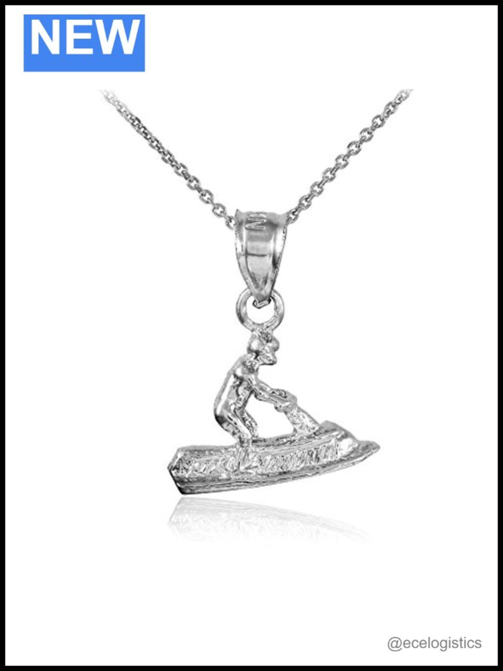 925 Sterling Silver 3D Jet Ski Charm Pendant Necklace 22" Rolo Chain